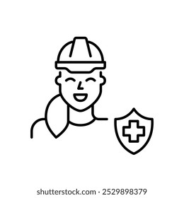 Smiling woman in hard hat with health insurance shield. Safety and health coverage, protected workforce. Pixel perfect, editable stroke icon