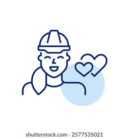 Smiling woman in hard hat and two hearts. Engineers and construction workers on dating app. Pixel perfect, editable stroke icon