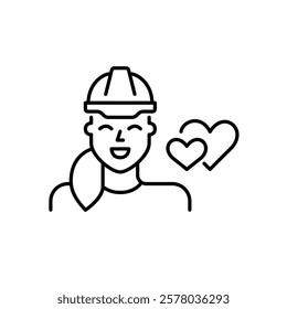 Smiling woman in hard hat and two hearts. Engineers and construction workers on dating app. Pixel perfect vector icon