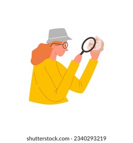 Smiling woman in hat examining stone through magnifying glass flat style, vector illustration isolated on white background. Geology science, rock or mineral, decorative design element