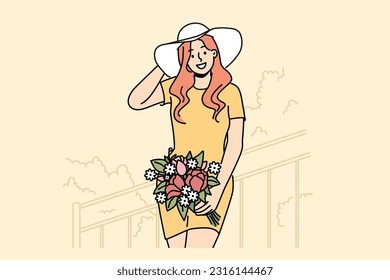 Smiling woman in hat posing with flowers on stairs. Happy girl holding bouquet enjoy summer day. Vector illustration. 