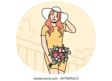 Smiling woman in hat posing with flowers on stairs. Happy girl holding bouquet enjoy summer day. Vector illustration.