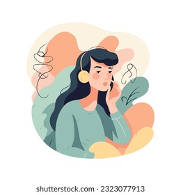 Smiling woman in headphones listening to music over white