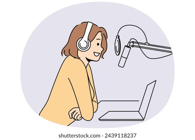 Smiling woman in headphones record podcast talk in microphone in studio. Happy female host with mic speak at live broadcast. Occupation. Vector illustration.