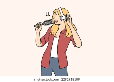 Smiling woman in headphones sing in hairbrush. Happy girl have fun enjoy singing with brush in hands. Hobby and entertainment. Vector illustration. 