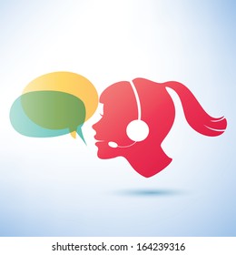 smiling woman with headphones and speech bubbles, call center concept