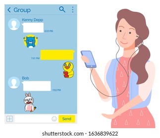 Smiling woman with headset sending message, wireless device. Girl chatting, sms icon, female with smartphone, modern technology, connection vector