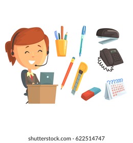 Smiling woman in headset, set for label design. Work in the office, office supplies. Colorful cartoon detailed Illustrations