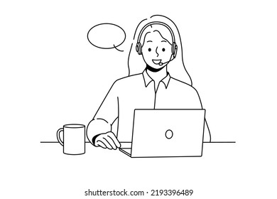 Smiling woman in headset sit ta desk talk on video call on computer. Happy female call center agent have online conversation on laptop. Vector illustration. 