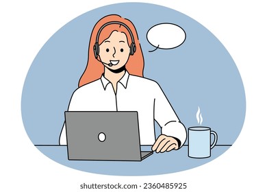 Una mujer sonriente con auriculares sentada en una charla de escritorio en una videollamada en un ordenador. Las funcionarias del centro de llamadas femeninas felices tienen conversación en línea en el portátil. Ilustración vectorial.