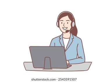 Smiling woman in headset sit ta desk talk on video call on computer. Hand drawn style vector design illustrations.
