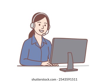 Smiling woman in headset sit ta desk talk on video call on computer. Hand drawn style vector design illustrations.

