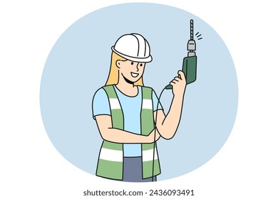 Smiling woman in helmet and uniform with electric drill in hands. Happy female mechanic in protective gear holding instrument. Vector illustration.
