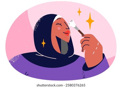 Smiling woman in hijab doing makeup. Happy Arabic girl in abaya holding brush powdering face. Glamour and beauty procedures. Vector illustration.