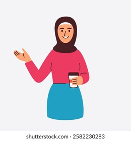 A smiling woman in a hijab gestures while holding a coffee cup