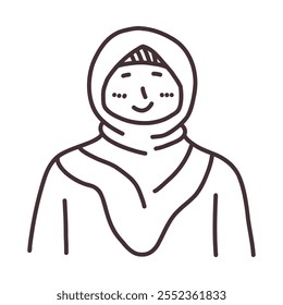 Mujer sonriente en hijab: Un dibujo de línea simple y elegante de una mujer que lleva un hijab, su sonrisa irradia calor y positividad.