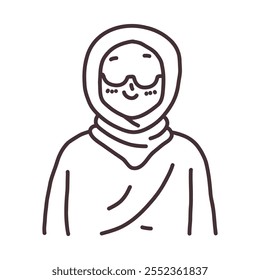 Mujer sonriente en hijab: Un dibujo de línea simple y elegante de una mujer que lleva un hijab, su sonrisa irradia calor y positividad. 