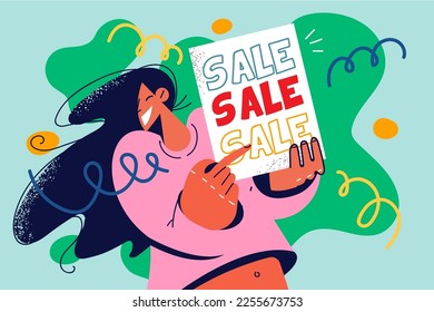 Smiling woman hold banner show sale or promotion advertising. Happy female buyer or customer point at discount or good deal ad poster. Vector illustration. 