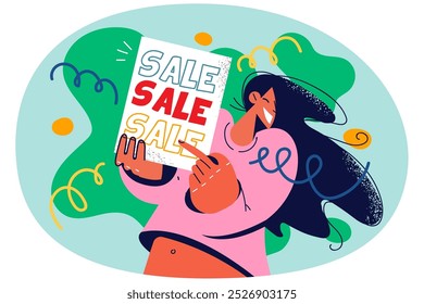 Mujer sonriente sostiene la venta del espectáculo del Anuncio o la publicidad de la promoción. Comprador femenino feliz o punto del Cliente en el cartel del anuncio del descuento o de la buena oferta. Ilustración vectorial.