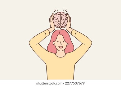 Smiling woman hold brain model in hands. Happy female show intelligence and knowledge. Vector illustration. 