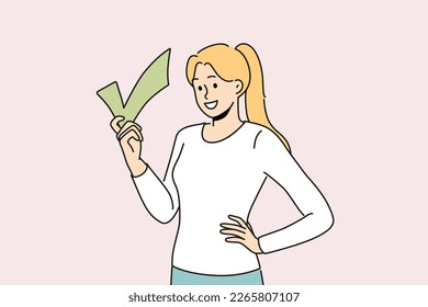 Smiling woman hold check sign in hands. Happy girl with done symbol. Achievement and success. Vector illustration. 