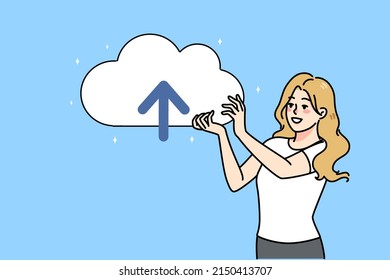 Smiling woman hold cloud with arrow face up send files online. Happy female use web storage services for saving and transferring files and data. Information upload and download. Vector illustration. 