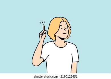 Smiling woman hold finger up generate creative idea or though. Happy female find answer or solve problem. Solution concept. Vector illustration. 