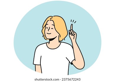 Smiling woman hold finger up generate creative idea or though. Happy female find answer or solve problem. Solution concept. Vector illustration.