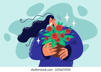 Smiling woman hold flowers in hands excited with present for birthday or anniversary. Happy girl with bouquet greeting with special occasion. Vector illustration. 