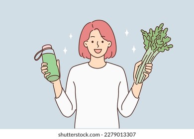 Smiling woman hold fresh vegetables and bottle of juice. Happy girl follow healthy life. Diet and nutrition. Vector illustration. 