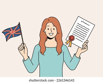 Smiling woman hold graduation certificate and UK flag in hands. Happy female with document teach English language. Education. Vector illustration. 