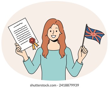 Mujer sonriente con certificado de graduación y bandera británica en las manos. Feliz mujer con documentos enseñando inglés. Educación. Ilustración vectorial.