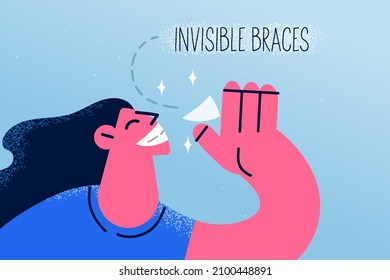 Smiling woman hold invisible braces for dental treatment in oralcare clinic. Happy female client good invisalign system result for teeth correction. Dentistry and orthodontics. Vector illustration. 