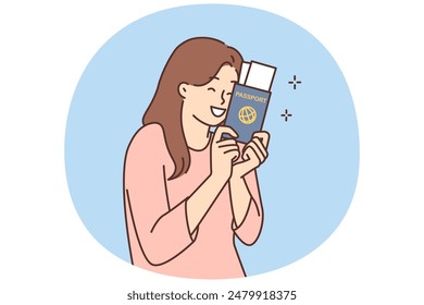 Smiling woman hold passport with tickets excited about travel. Happy female ready for vacation. Tourism and holidays. Vector illustration.