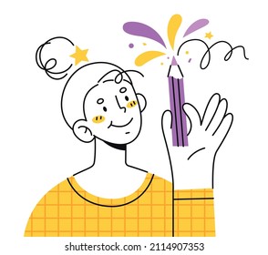 Smiling  woman hold pencil in their hands. Modern character in lineart style. Artist, painter, editor. 