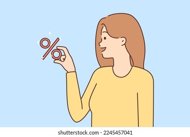 Smiling woman hold percentage sign designate mortgage or lease rates. Happy female with percent symbol demonstrate discount or value added tax. Vector illustration. 