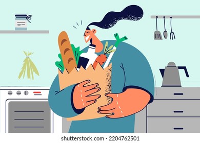 Smiling woman holding bag with groceries at home. Happy female with packet with food at kitchen. Vector illustration. 