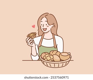 Mulher sorridente segurando cesta com pão. Ilustrações de design de vetor de estilo desenhado à mão.