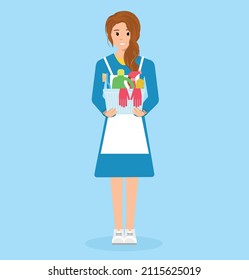 Smiling woman holding basket with cleaning equipment