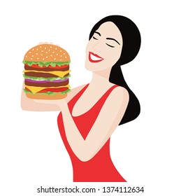 Smiling woman holding big hamburger isolated vector-illustration. Fast food concept background