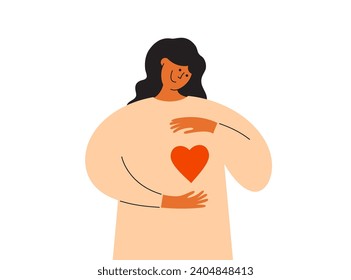 Smiling woman holding big red heart shape in hands. Healthy happy girl. Self love, body care, mental health isolated vector illustration. Female kind, compassion, empathy. Charity help, donate concept