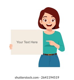 Smiling woman holding blank sign, pointing finger with cheerful expression in cartoon style