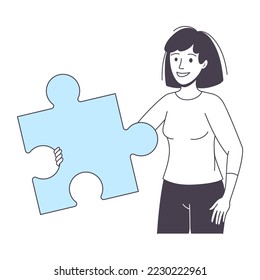 Smiling Woman Holding Blue Jigsaw Puzzle as Mosaiced Piece for Logical Game Vector Illustration