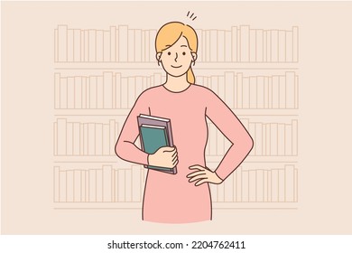 Smiling woman holding books posing in library. Happy female with textbooks standing in bookshop or store. Vector illustration. 