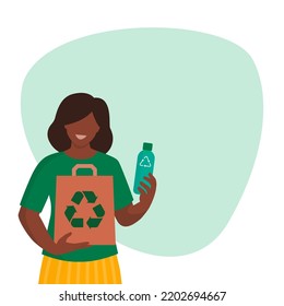 Smiling Woman Holding A Bottle Made Of Recycled Plastic And A Bag Made Of Recycled Paper: Reduce, Reuse, Recycle Concept, Social Media Post Template With Copy Space