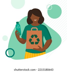 Smiling Woman Holding A Bottle Made Of Recycled Plastic And A Bag Made Of Recycled Paper: Reduce, Reuse, Recycle Concept, Social Media Post Template With Copy Space