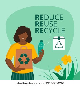 Smiling Woman Holding A Bottle Made Of Recycled Plastic And A Bag Made Of Recycled Paper: Reduce, Reuse, Recycle Concept, Social Media Post Template With Copy Space