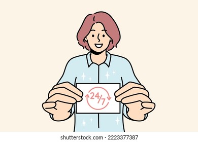 Smiling woman holding business card showing 24 7 service. Happy female present card with all day assistance or aid. Vector illustration. 