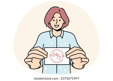 Smiling woman holding business card showing 24 7 service. Happy female present card with all day assistance or aid. Vector illustration.