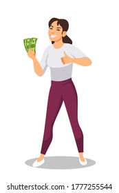 Smiling woman holding cash money, showing thumbs up sign. Cheerful young girl isolated person on white background. Vector character illustration of joyful emotions, success gestures, lifestyle